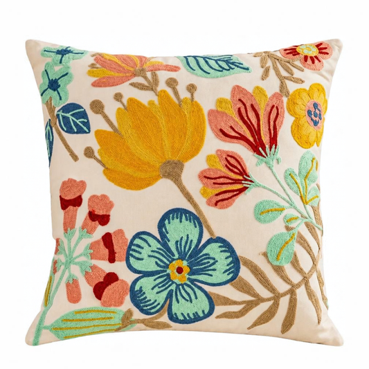 Embroidered Countryside Flower Cushion Cover