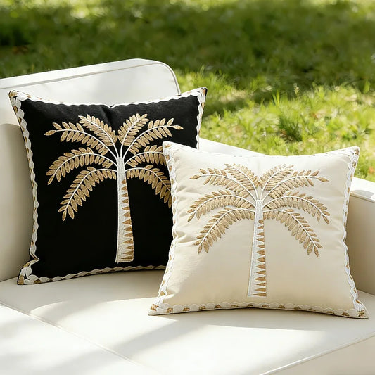 Vintage Palm Tree Embroidered Pillow Cover