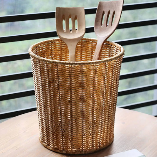 Woven Rattan Wastebasket with Lid